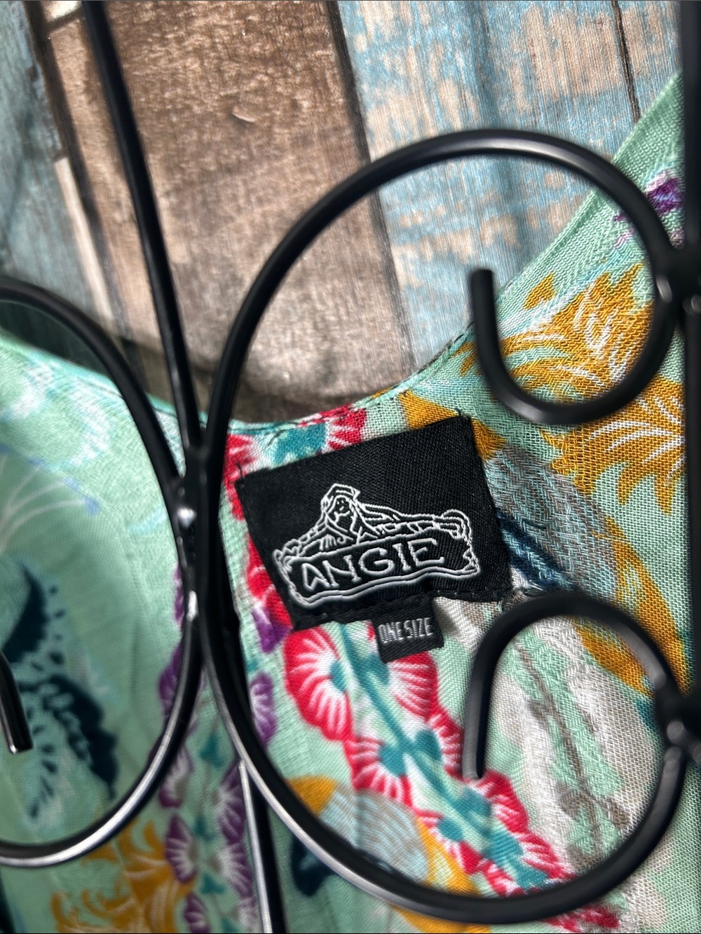 Angie Mint Floral Open-Front Kimono Tunic with Black Border - Picture 2 of 16